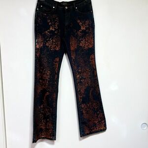 RC Collection Womens Bootcut Jeans Dark Wash Copper Metallic Floral Print XL